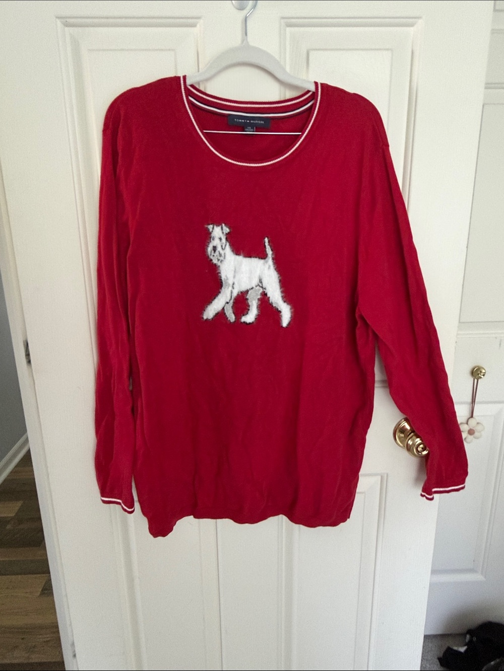 Tommy Hilfiger Red Crewneck Sweater with White Dog Motif